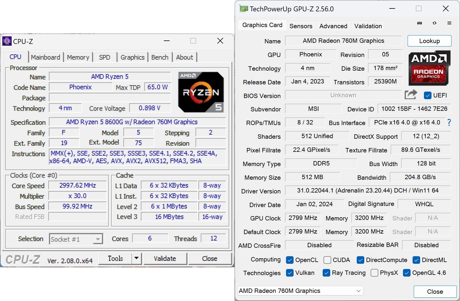 Ryzen 5 8600G的信息，内置显示为8组运单元，共512组Unified Shader。