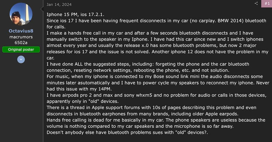 用户抱怨iPhone 15 蓝牙容易断线，升级iOS 17.3.1 系统也无效