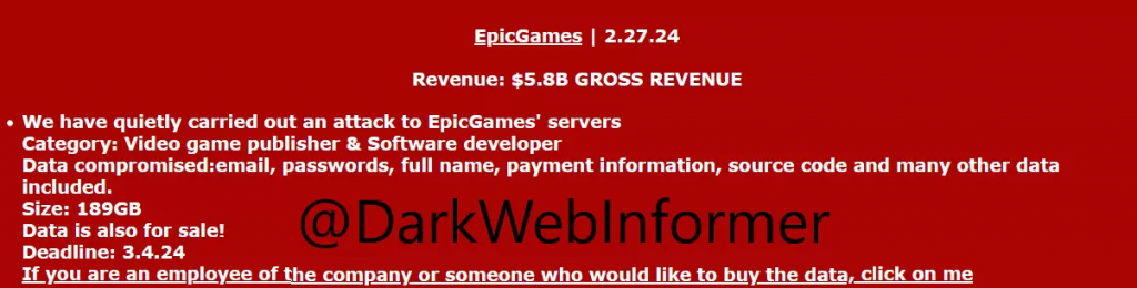 传Epic Games遭黑客攻击，窃取近200GB用户支付信息等资料出售