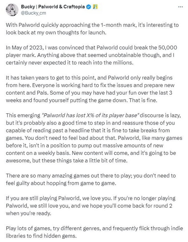 《幻兽帕鲁 PalWorld》开发者表示玩家流失问题不用担心，玩家可以「休息一下再回来玩」