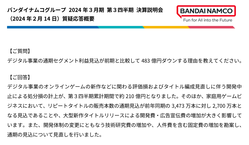 Bandai Namco因亏损将中止开发5款游戏，同时透露未来计划包括《Elden Ring》DLC！