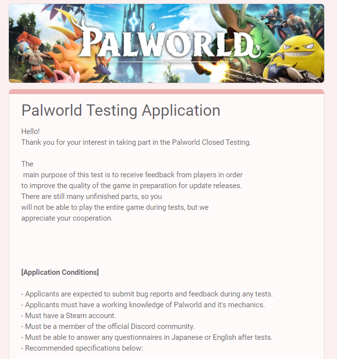 《Palworld / 幻兽帕鲁》招募玩家参与封闭测试