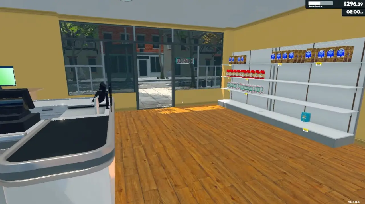 《Supermarket Simulator》一开始我们的店面不大，陈设也很阳春，得慢慢累积足够资本以扩充各项物品，才能做大生意