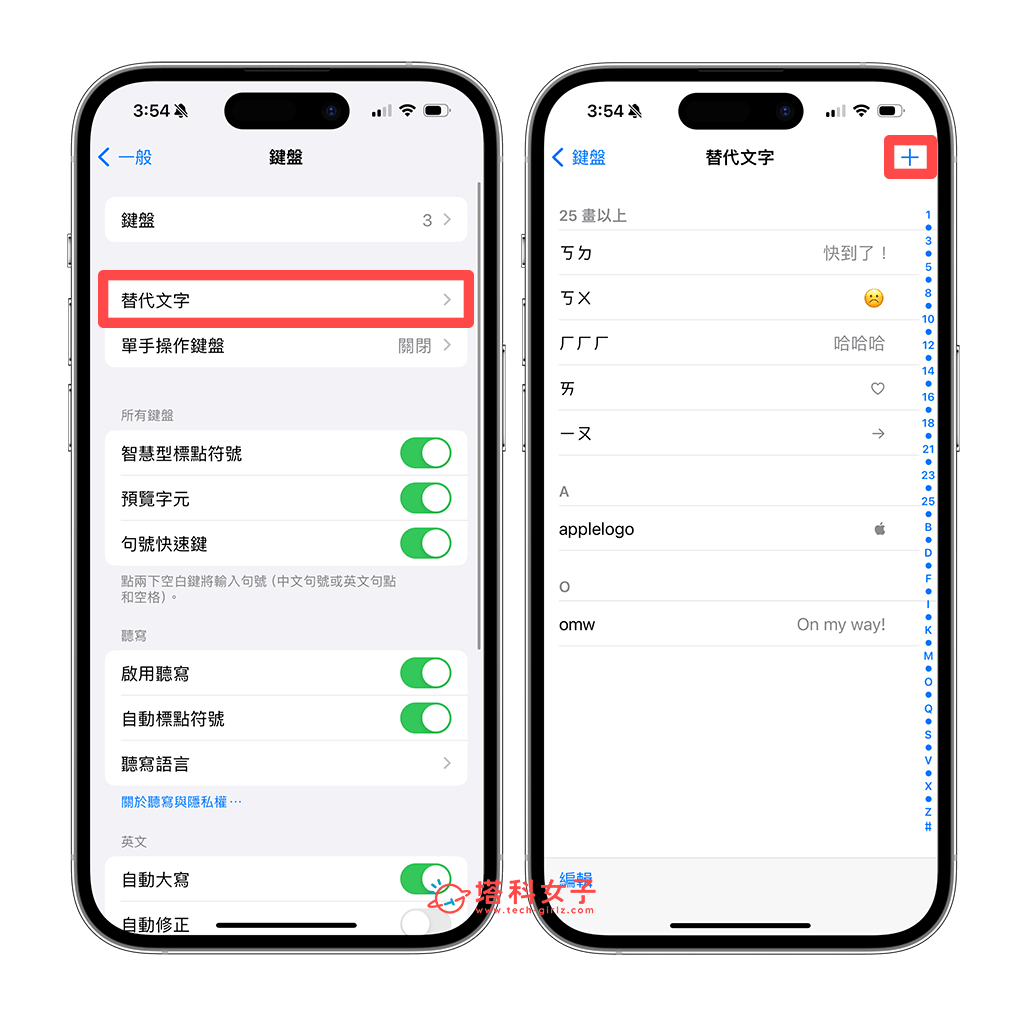 设置 iPhone 键盘替代文字功能：替代文字