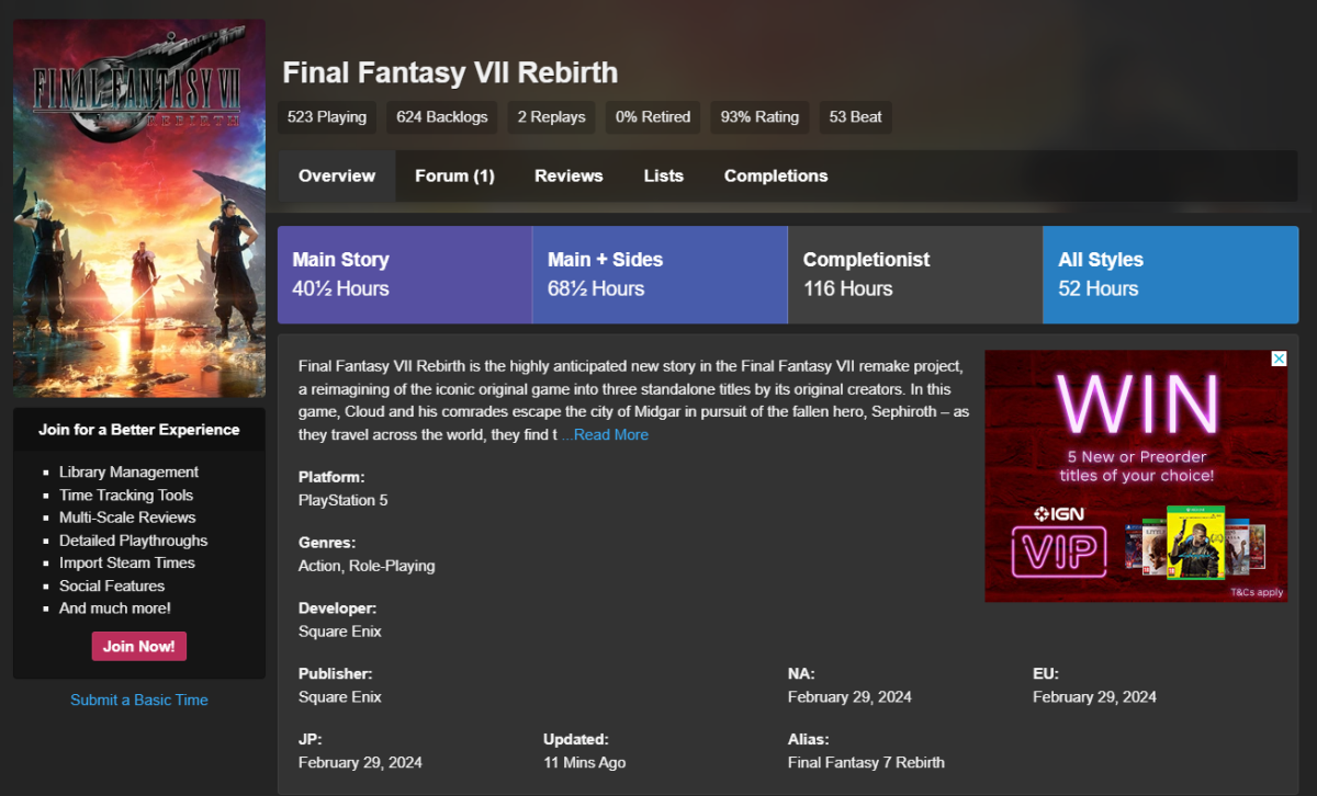 《Final Fantasy VII 重生》游玩时长有多长？ 统计网站《HowLongToBeat》分析结果为...