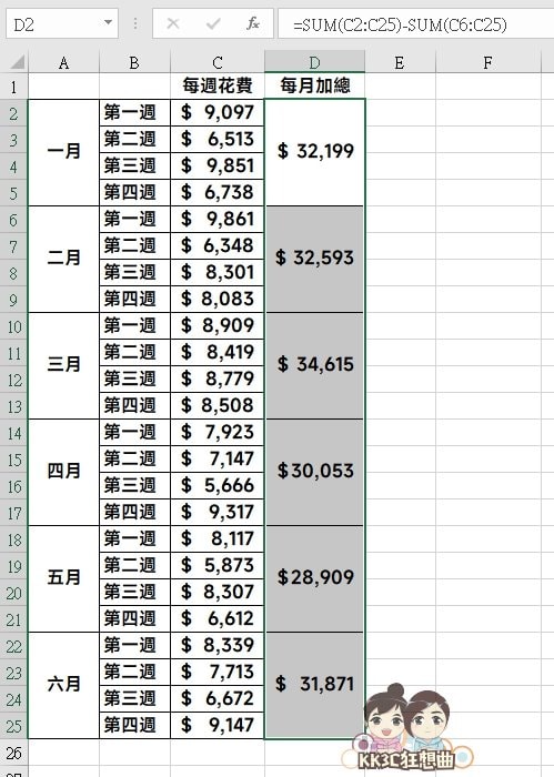 Excel sum函数快速分开加总多个表格教程-07