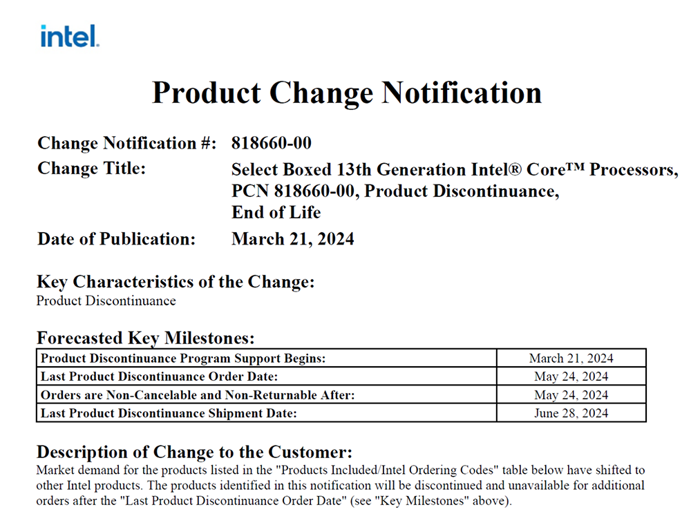 Intel 宣布第 13 代 K 系列处理器盒装将于下个月停产