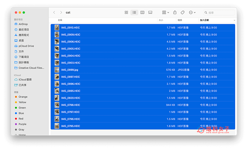 按 Command + A 键在 Mac 一次全选所有文件