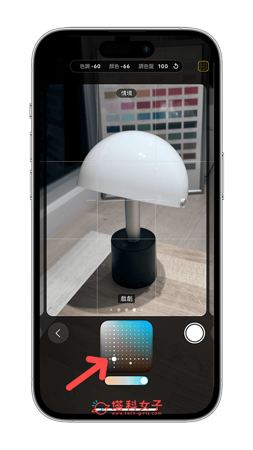 iPhone 16 相机套用摄影风格滤镜：调色盘