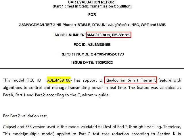 ▲认证资料透露，三星新机 SM-S918B 拥有高通 Smart Transmit 智能天线架构。 （图片来源：FCCID.io）